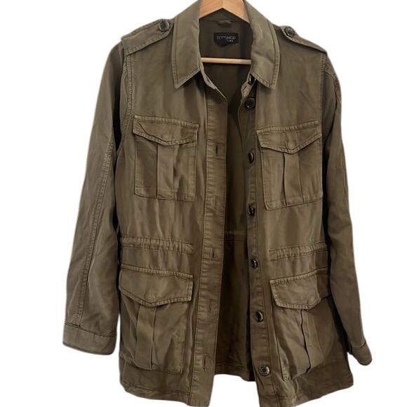 Topshop Olive Green Long Sleep Button Military Jacket Size 6 - Picture 1 of 12